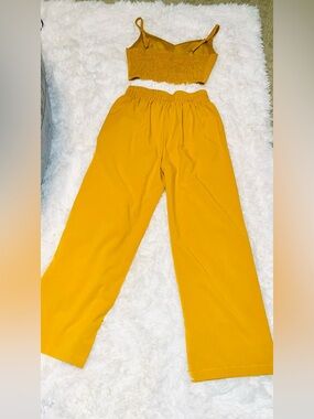 2 Pc Women's Mustard Wide-Leg Pants with Waist Tie with halter top
